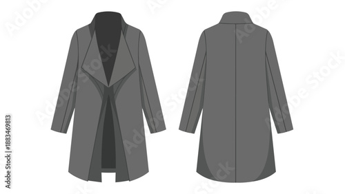 Elegant and versatile flat lay illustration of a stylish grey long coat, presenting both front and back views for fashion design and apparel