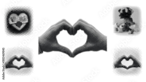 Set of halftone heart shapes in different sizes and orientations on white background