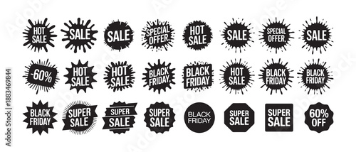 Black Sale Badge and Discount Label Icon Set. Black Friday and Super Sale Badge Icons, Retro Sale Stickers Collection. vector illustration eps 10