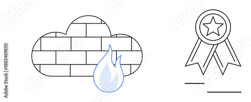 Cybersecurity, cloud safety, data protection, network security, IT integrity, certification programs. Brick cloud with a flame and ribbon badge with a star. Cybersecurity and cloud safety concept