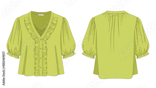 Lime green women's blouse with ruffled V-neck and puff sleeves, technical fashion flat drawing. A perfect digital asset for apparel design studios.