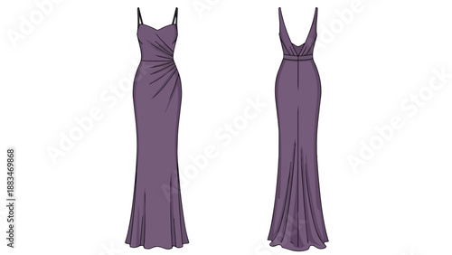 Elegant purple evening gown technical sketch showcasing front and back views with delicate draping and sleek silhouette. Perfect for fashion design
