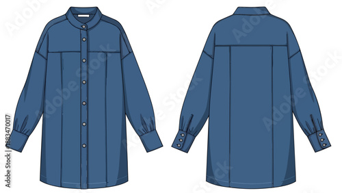 Technical flat drawing of a contemporary women's oversized tunic shirt with band collar
