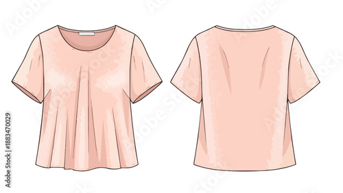 Peach short-sleeved top illustration displaying elegant loose fit and gathered hem details from both front and rear perspectives, a stylish apparel