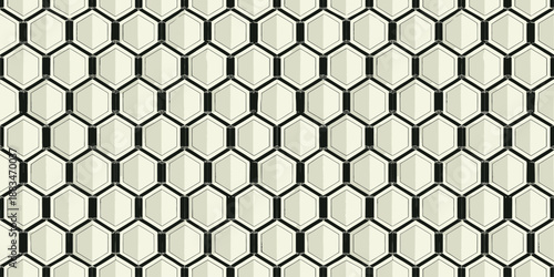 Geometric hexagonal pattern in black and white with a soft beige background.