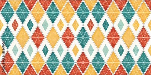 Geometric diamond pattern featuring teal, orange, and red hues for a vibrant design.
