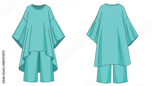 Relaxed fit aqua blue two-piece set featuring a spacious, wide-sleeved top with a chic asymmetrical hem and comfortable matching wide-leg pants for