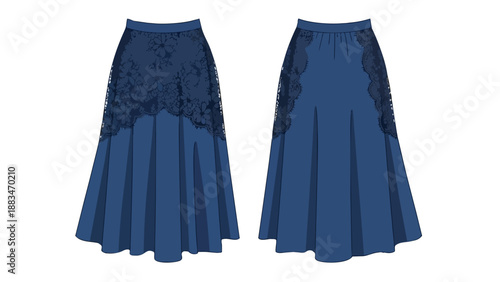 Elegant deep blue midi skirt with intricate floral lace detailing on the upper half a modern and sophisticated fashion design flat illustration for