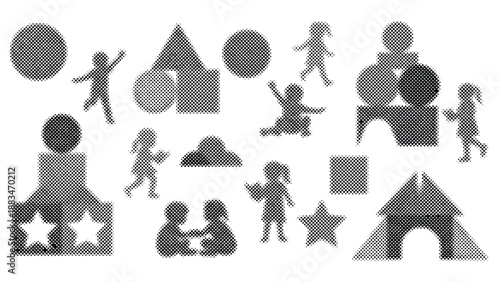 Halftone illustrations of children playing with shapes and objects
