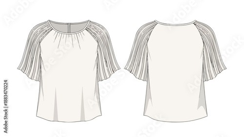 Elegant women's blouse flat sketch showcasing intricate pleated sleeves and a gathered neckline a versatile fashion design illustration perfect for