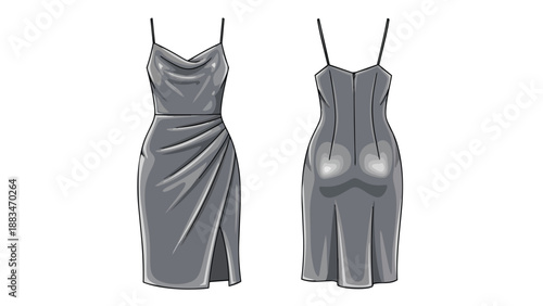 Fashion illustration of a modern grey draped midi dress with elegant cowl neck and slit detailing, showing front and back views for apparel design