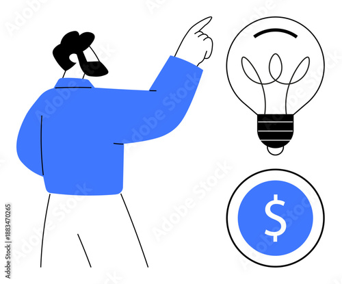 Entrepreneurship, financial planning, creativity, innovation, investment, success. Illustrated man pointing to light bulb and dollar icon. Entrepreneurship and financial planning conceptual
