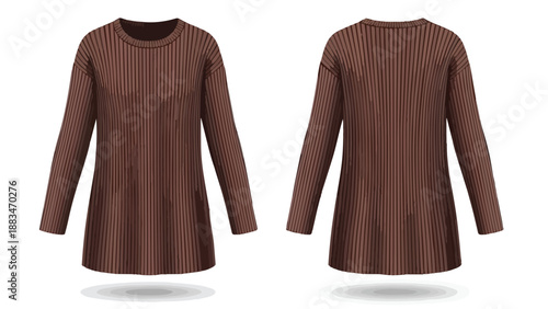 Elegant brown ribbed long-sleeve tunic top for women meticulously showcased in both front and back views highlighting its comfortable and versatile
