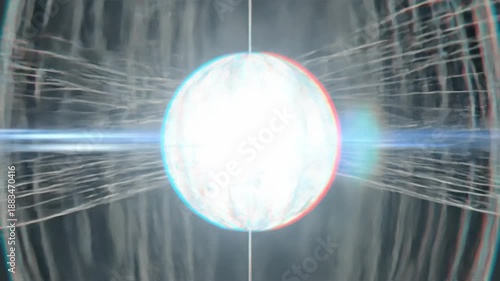 Abstract glowing sphere surrounded by wireframe rings, creating a futuristic and technological visual.