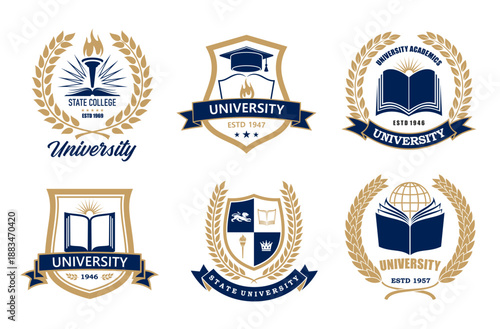 University, academy or school and college icons of academic cap with book and sun, vector emblems. University shields or college badges for student education academy with torch or laurel wreath ribbon