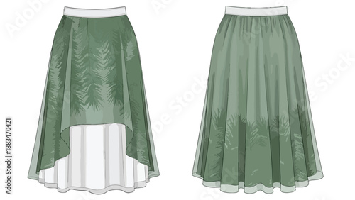 Elegant flowing green skirt design with a unique asymmetrical hemline and subtle botanical patterns, perfect for modern fashion illustrations and