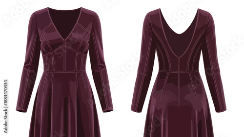 Deep plum v-neck dress, front and back views, showcasing elegant long sleeves and intricate bodice seam detailing, ideal for fashion illustrations