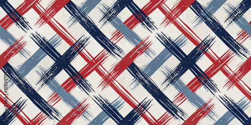 Geometric pattern featuring bold red, navy, and gray brush strokes on a light background.