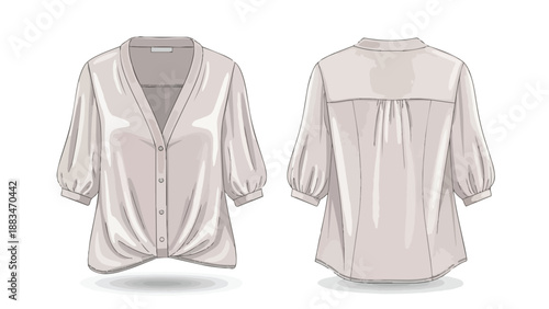 Fashionable detailed vector illustration of a women's tie-front blouse with elegant puff sleeves and a sophisticated V-neckline, showcasing modern