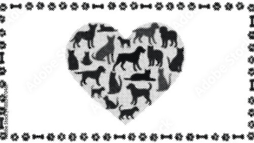 heart shape filled with various dog breeds and decorative dog bone border