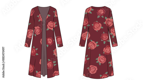 Elegant women's long duster cardigan with vibrant rose print, fashion flat sketch, front and back view