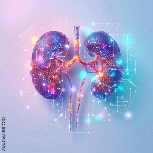 Visualization of glowing human kidneys with a complex network of luminous lines and structures. The construction of the anatomical organ of the human kidney.