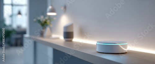 Modern smart home device with glowing blue light on wooden surface in minimalist interior setting with blurred background