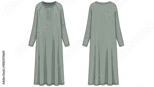 Elegant women's pleated long-sleeve midi dress technical flat drawing front and back views for fashion design and apparel pattern development and