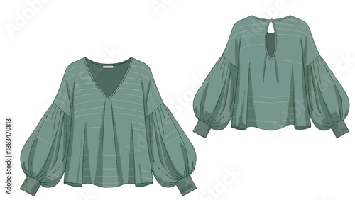 Flat technical drawing of a stylish women's loose-fit blouse with V-neck and voluminous balloon sleeves perfect for casual wear