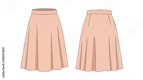 Front and back technical flat sketches featuring a elegant light peach pleated skirt design, showcasing precise apparel construction details for