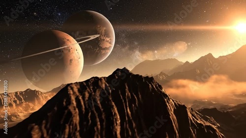 Dramatic space landscape featuring y mountains and two planets with rings in the sky.
