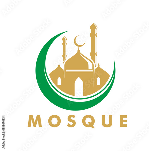 Arab muslim mosque graphic icon or emblem. Muslim mosque emblem, Islam religion graphic vector label. Islamic culture center icon or Arab Quran abstract symbol with green crescent, mosque minaret