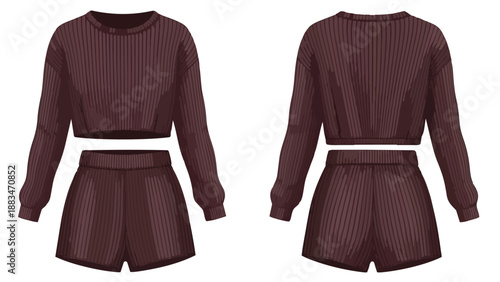 Stylish brown ribbed loungewear set for women, featuring a comfortable cropped long-sleeve top and matching shorts, depicted from front and back