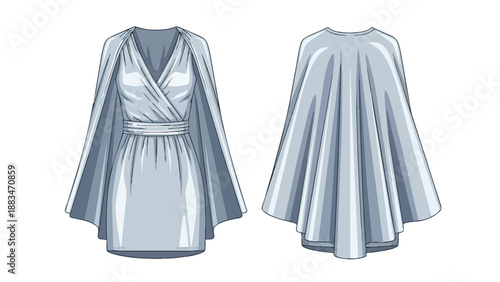 A chic gray wrap dress with an integrated flowing cape a precise fashion illustration of front and back views for contemporary apparel design concepts