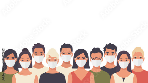 A diverse group of people wearing protective face masks on a clean white background
