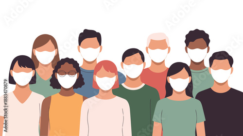 A large group of diverse people wearing white medical masks for protection against illness