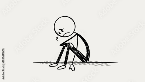 Sad Stick Figure Man Sitting on the Ground and Crying Depressed on a Light Grey Background