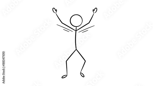 Joyful Stick Figure Man Jumping with Arms Raised in Celebration of Success on a Light Grey Background