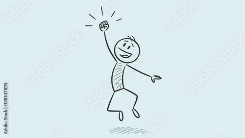 Inspired Stick Figure Man Jumping and Celebrating a Bright Idea on a Light Blue Background