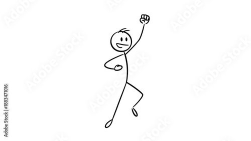 Victorious Stick Figure Man Celebrating with Flexed Arm on a Light Grey Background