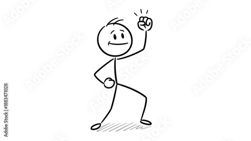 Determined Stick Figure Man Clenching Fist with a Spark of Inspiration Lightbulb Idea on a Light Grey Background