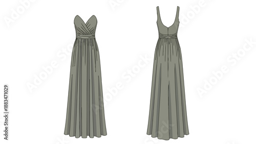 Elegant long grey dress flat technical drawing showcasing both front and back views perfect for fashion design inspiration and garment production