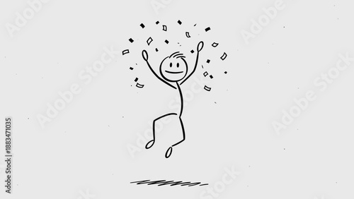Joyful Stick Figure Man Jumping and Celebrating with Confetti Falling on a Light Grey Background