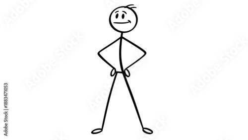 Relaxed Happy Stick Figure Man Smiling with Hands on Hips on a Light Grey Background