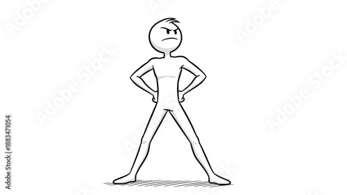 Angry Stick Figure Man Standing with Hands on Hips and Wide Stance on a Light Grey Background