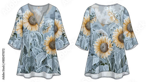 Fashion flat illustrating a women's blouse with a vibrant sunflower and leaf pattern for spring and summer apparel collection design concepts