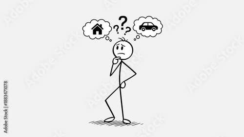 Thoughtful Stick Figure Man Contemplating House and Car Options with Question Marks on a Light Grey Background