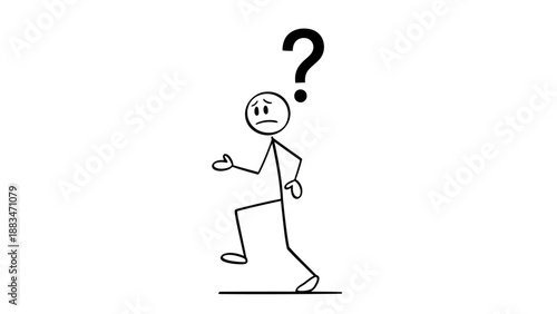 Confused Stick Figure Man Walking with a Question Mark Above Head on a Light Grey Background