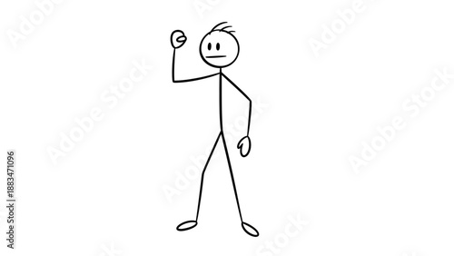 Determined Stick Figure Man Pumping Fist, Showing Strength and Confidence on Isolated White Background