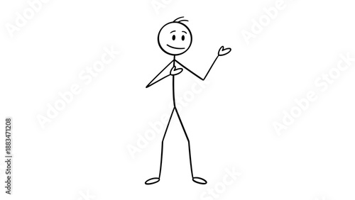 Smiling stick figure man shrugging shoulders with open hands, showing uncertainty or innocence, on an isolated white background.